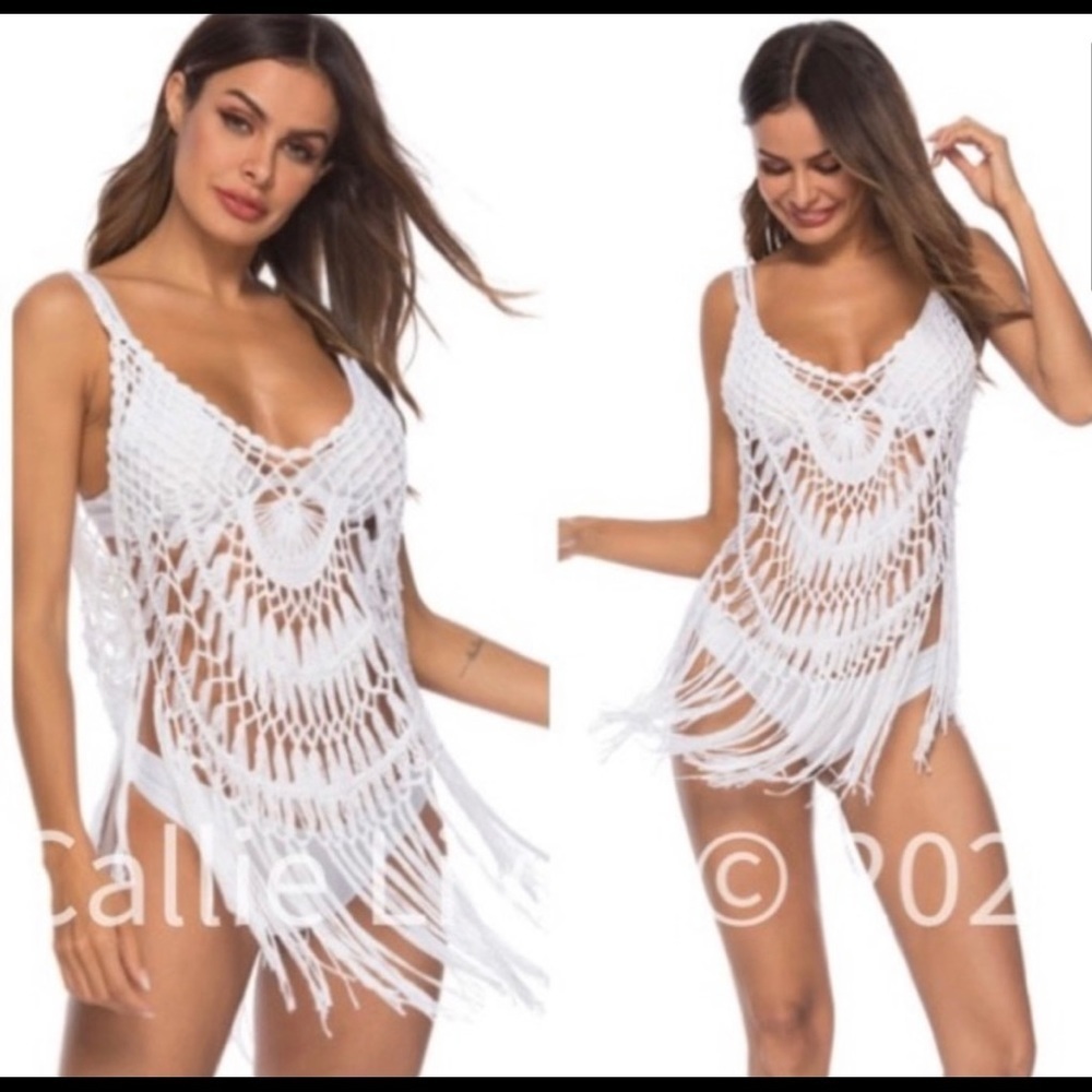 New! Crochet Swimsuit Coverup Fringe Mini Dress